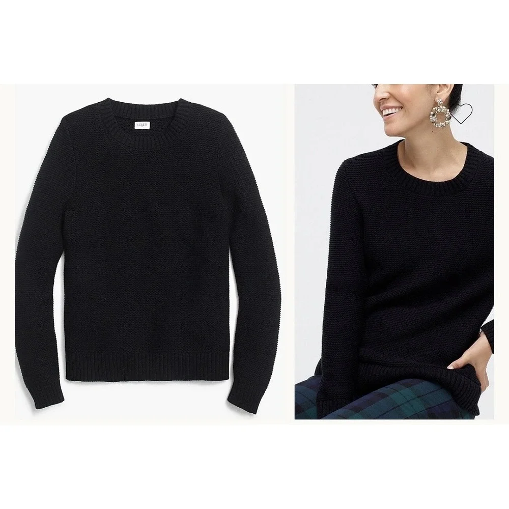 J. Crew Women Sweater XS Classic Crewneck Sweater Black‎ Cotton Wool Long Sleeve